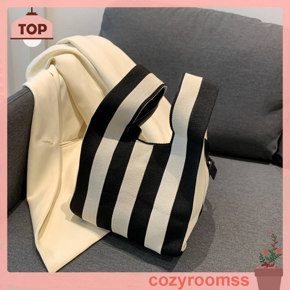 Túi Tote Đan Len Họa Tiết Sọc Tương Phản Thời Trang Cho Nữ