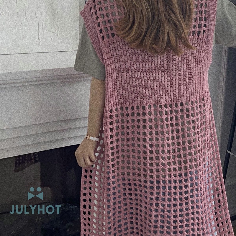 Đầm dệt kim không tay đường phố cao ngầu Đầm Vest xẻ rộng Đầm dài khoét lỗ cho nữ VN