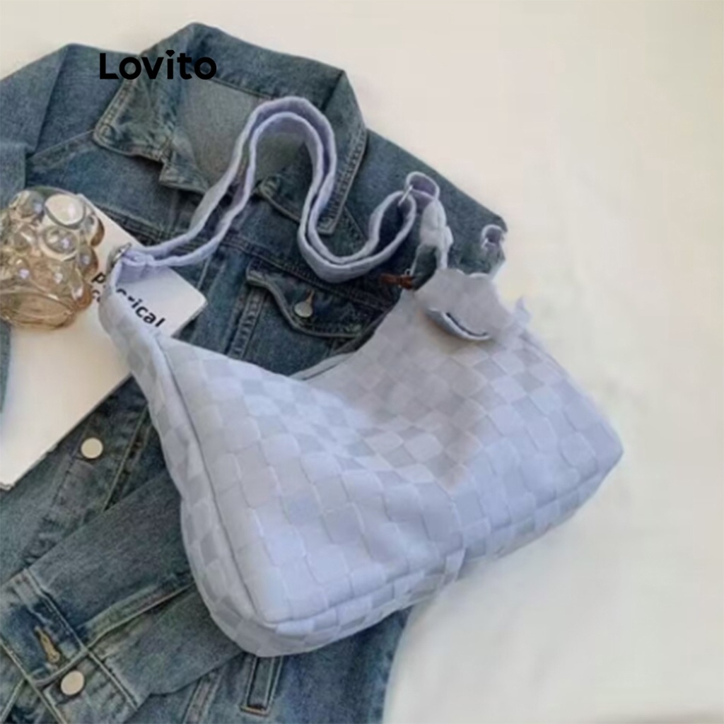 Lovito Túi tote đeo vai có khóa kéo kẻ caro thông thường cho nữ LNA09118 (Tắt Trắng/Xanh dương/Đen)