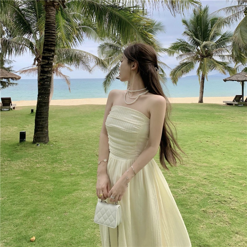 Đầm Dài Xếp Ly Eo Cao Màu Trơn Phong Cách Hàn Quốc Cho Nữ