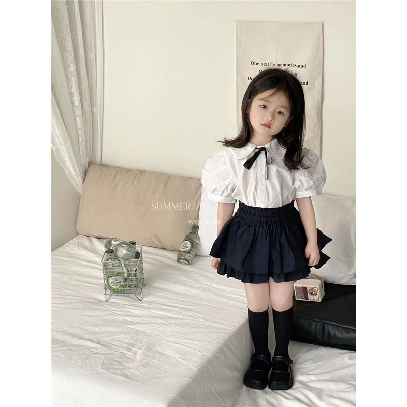 Áo Sơ Mi Tay Ngắn Cổ Peter Pan Thắt Nơ Phong Cách Preppy Mùa Hè Mới 2023 Cho Bé Gái