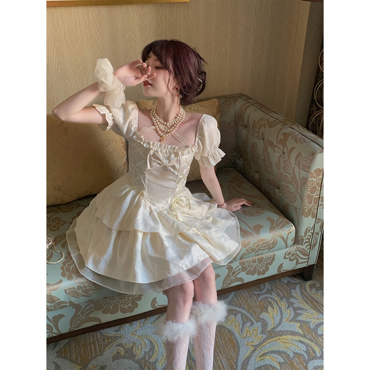 Đầm Công Chúa Ôm Eo Đính Nơ Màu Trắng Phong Cách Pháp Thời Trang Mùa Hè Hàng Mới Dành Cho Bạn Nữ