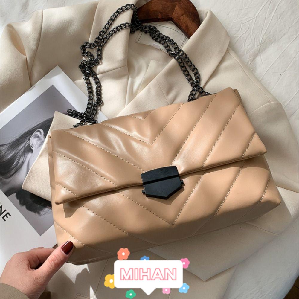 MIHAN1 Túi Xách Da PU Cỡ Lớn Phối Dây Xích Đeo Vai Cá Tính