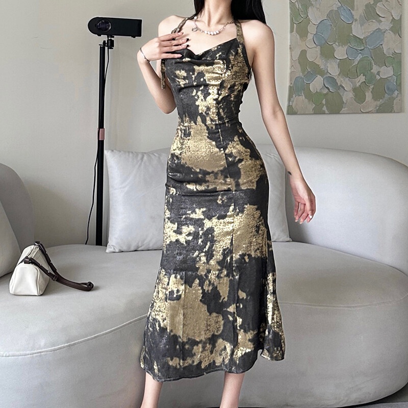 Kliou Đầm Hai Dây Nhám Mạ Vàng Mùa Hè 2023 Thời Trang Cao Cấp Thanh Lịch Cho Nữ