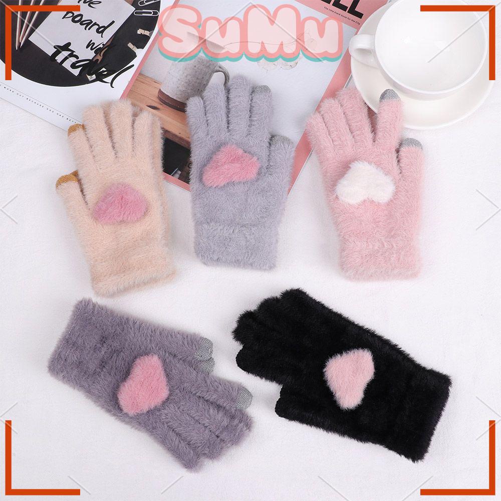 SUMU Găng Tay Đan Len Mềm Mại Co Giãn Giữ Ấm Ngón Tay Trái Tim Thời Trang Mới Cho Nữ