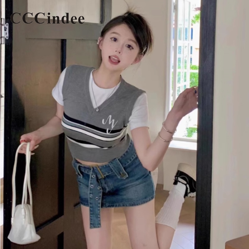 Cccindee Áo Thun Tay Ngắn Giả Hai Lớp Họa Tiết Kẻ Sọc Thời Trang Mới 2023 Dễ Phối Đồ Dành Cho Bạn Nữ