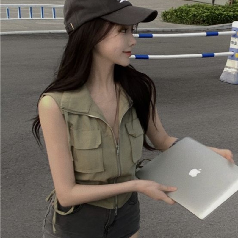 Áo sơ mi crop không tay màu trơn áo voan cổ polo áo sơ mi túi có khóa kéo áo khoác giản dị phong cách đường phố cá tính