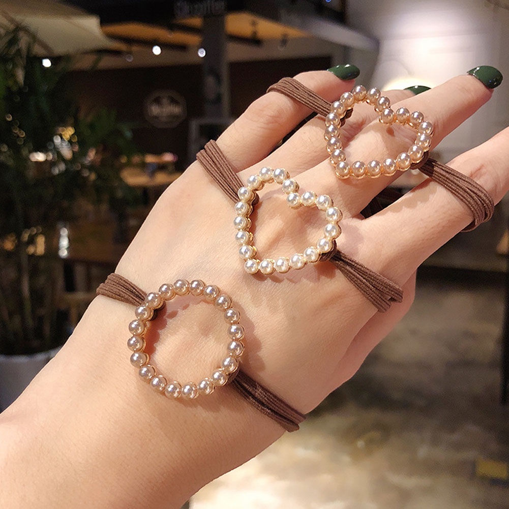 1 Dây Buộc Tóc Da Đính Ngọc Trai Hình Trái Tim Phong Cách Retro Pháp