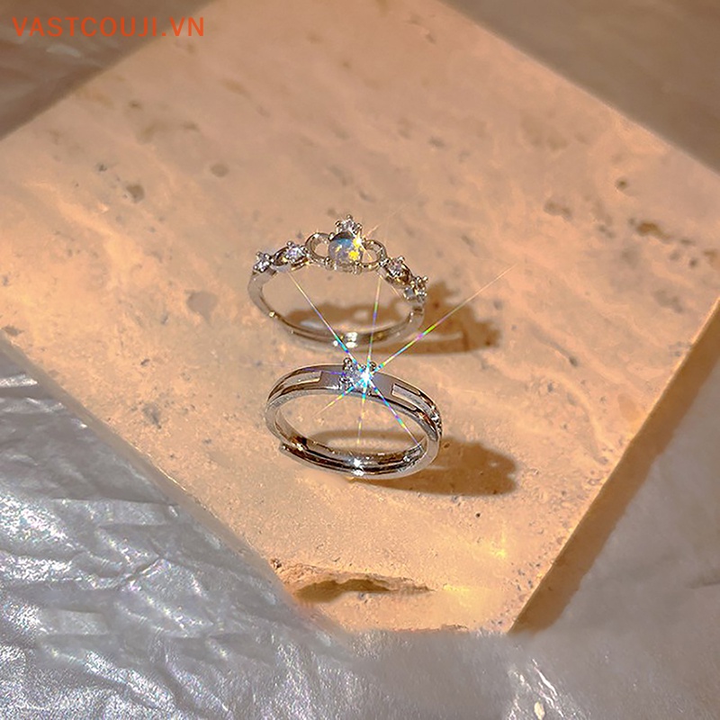 Nhẫn Cặp Đính Đá Zircon Mặt Trăng Màu Bạc Tùy Chỉnh Thời Trang Cho Nữ