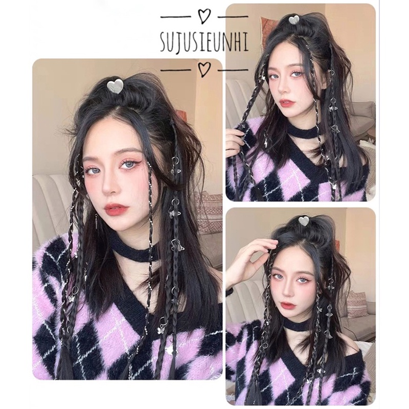 (12 mẫu) 1 lọn tóc giả tết sẵn dạng kẹp cài khoen chữ thập, trái tim, đủ hình ngộ nghĩnh phong cách RYVN