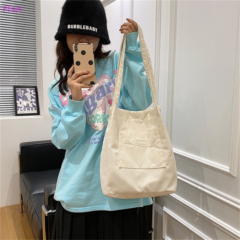 {Ffsd} Túi Tote Mua Sắm Đeo Vai Bằng Vải Nhung Cotton Có Thể Tái Sử Dụng Cho Nữ * Bán Chạy