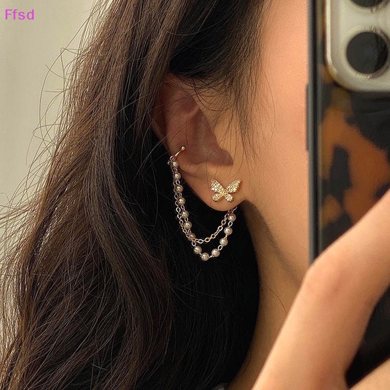 {Ffsd} Bông Tai Đinh Tán Hình Bướm Đính Đá Thanh Lịch Với Dây Xích Kim Loại Cho Nữ * Giảm Giá