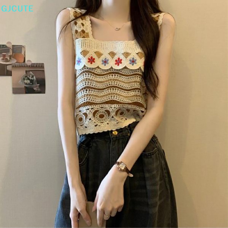 GJCUTE Áo Dệt Kim Nữ Không Tay Thêu Họa Tiết Rỗng Kiểu Vintage Thời Trang Mùa Hè