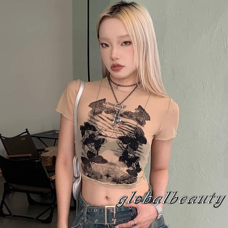 Áo Thun Tay Ngắn Cổ Tròn Xuyên Thấu In Họa Tiết Bươm Bướm Dành Cho Nữ