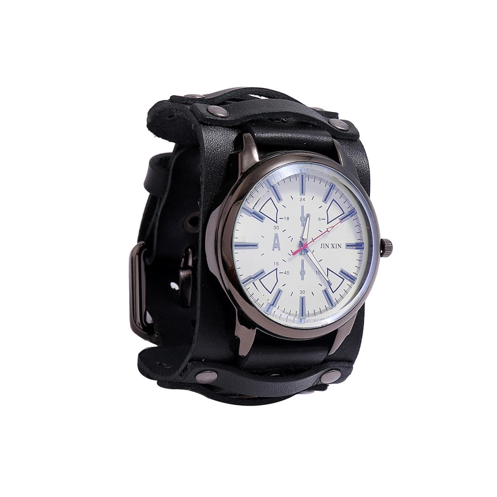 (runbu) Đồng Hồ Đeo Tay Dây Da Bản Rộng Phong Cách Punk Retro Có Thể Điều Chỉnh