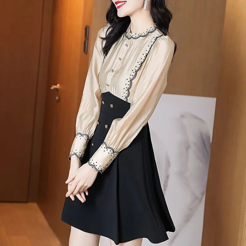 Đầm Sơ Mi Chữ a Tay Dài Ôm Eo Phong Cách Pháp Cổ Điển Thời Trang Mới Cho Nữ