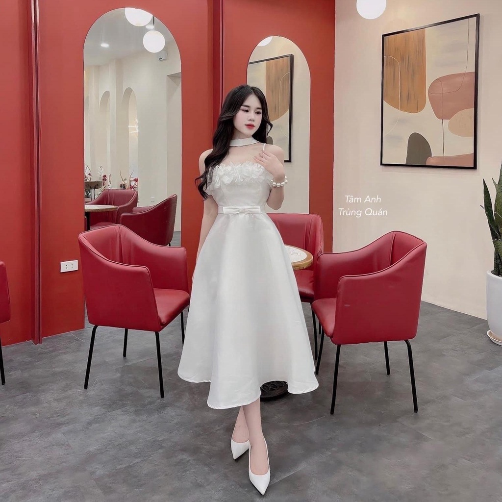 Đầm 2 dây đi tiệc thêm dây choàng cổ phom xòe dài chất tafta cao cấp phối hoa đệm vòng 1 freesize A347 KimHoa77