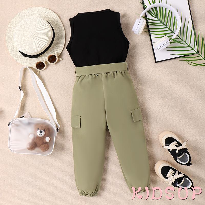 Set Đồ Mùa Hè 2 Món Gồm Áo Ba Lỗ Cổ Tròn In Chữ + Quần In Họa Tiết Kèm Thắt Lưng Cho Bé Trai / Gái