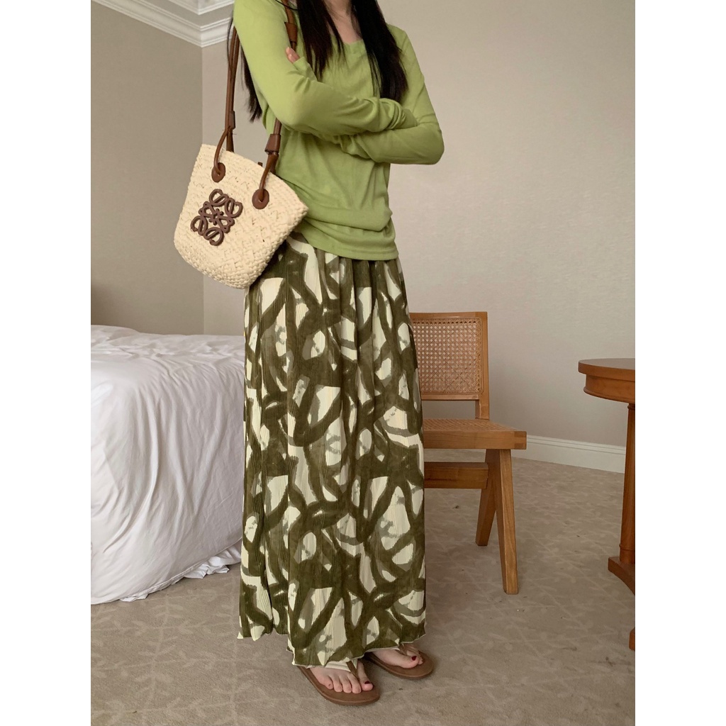 SUXI Chân Váy Dáng Rộng Họa Tiết Màu Nhuộm Phong Cách Vintage Thời Trang Mùa Hè