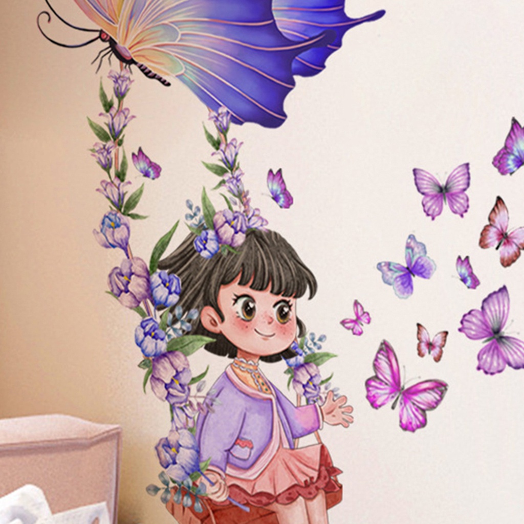 Set 2 Miếng Dán Tường Trang Trí Hình Cô Gái Và Bươm Bướm Tự Dính Tháo Rời Được
