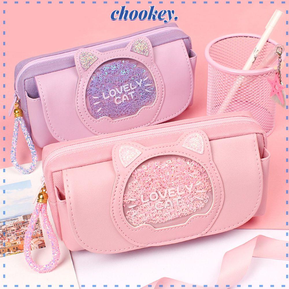 CHOOKEY Túi Đựng Bút Bằng Vải Bạt Ba Lớp Hình Mèo Có Cát Chảy Cho Trường Học