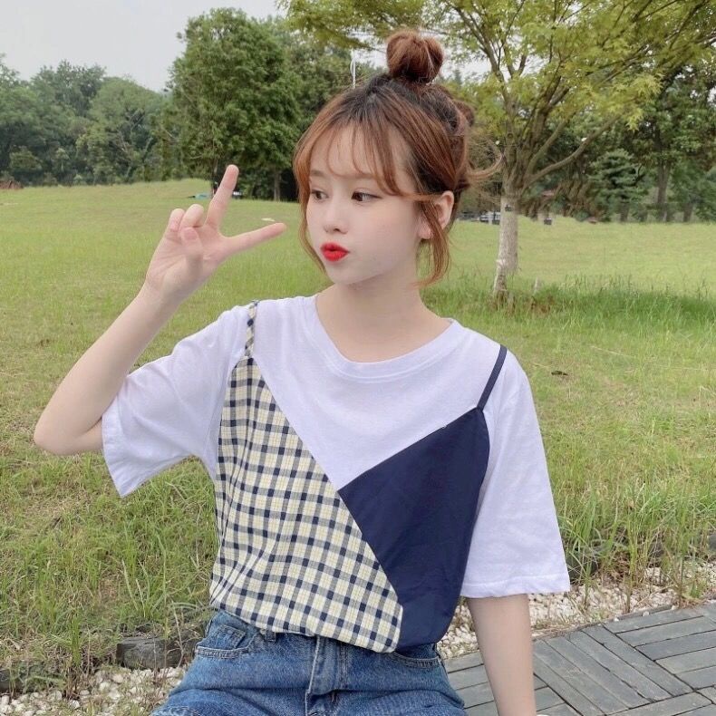 Mới Áo Thun Ngắn Tay Giả Hai Lớp Phong Cách Trẻ Trung Dành Cho Nữ