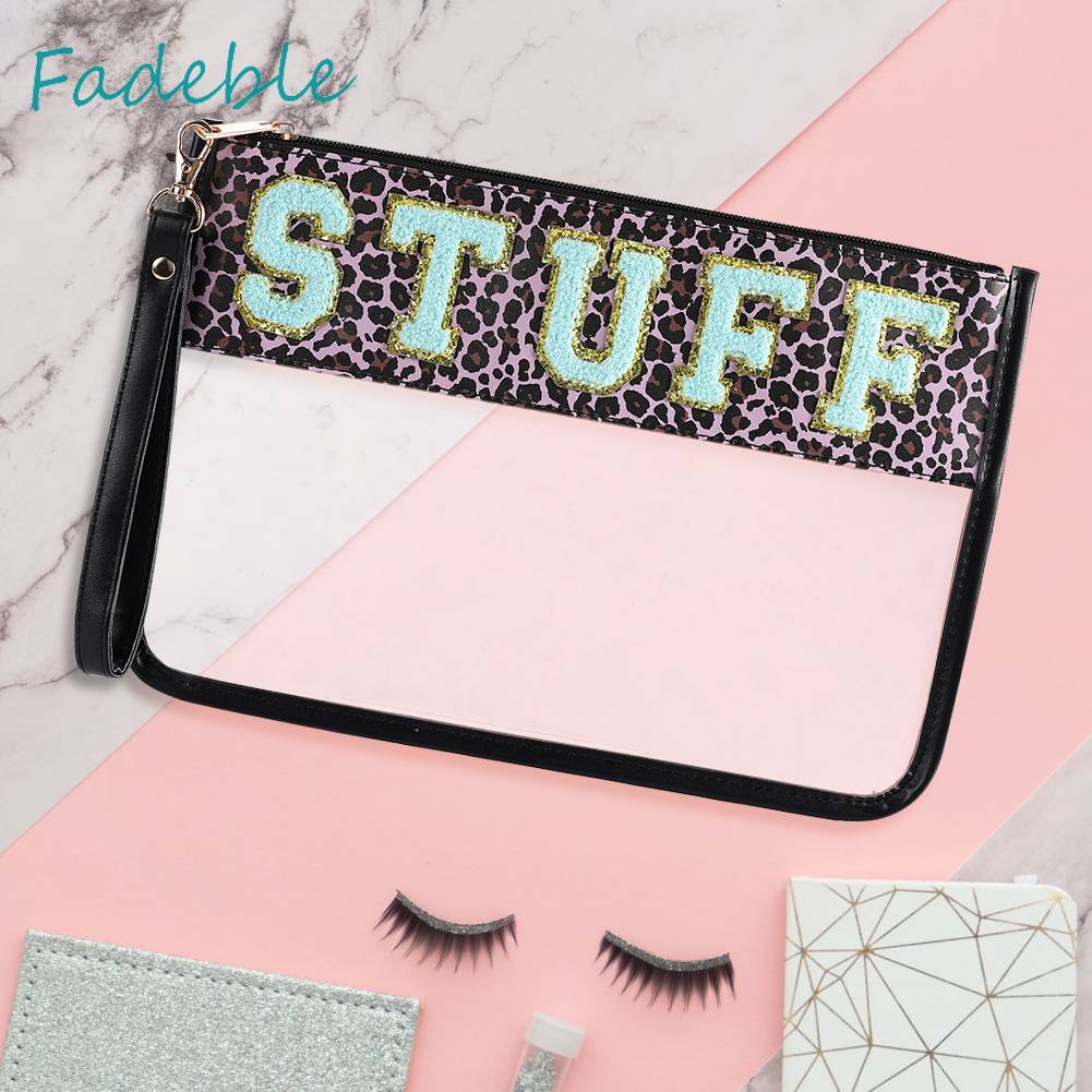 Túi Đựng Mỹ Phẩm Bằng PVC Chenille Trong Suốt In Chữ Có Khóa Kéo Tiện Dụng Mang Theo Du Lịch