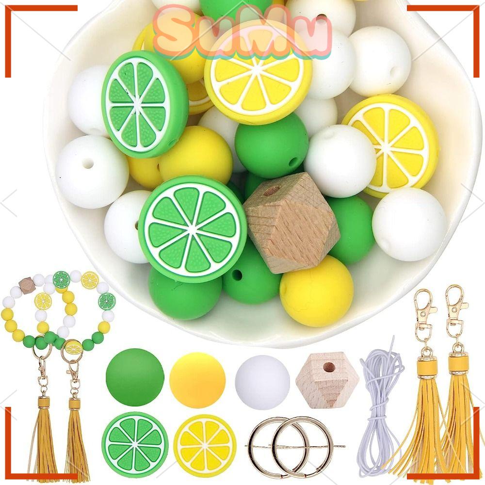 SUMU Bộ 32 Hạt Silicone Màu Xanh Lá / Vàng 15MM / 20mm Phối Tua Rua Thời Trang Mùa Hè