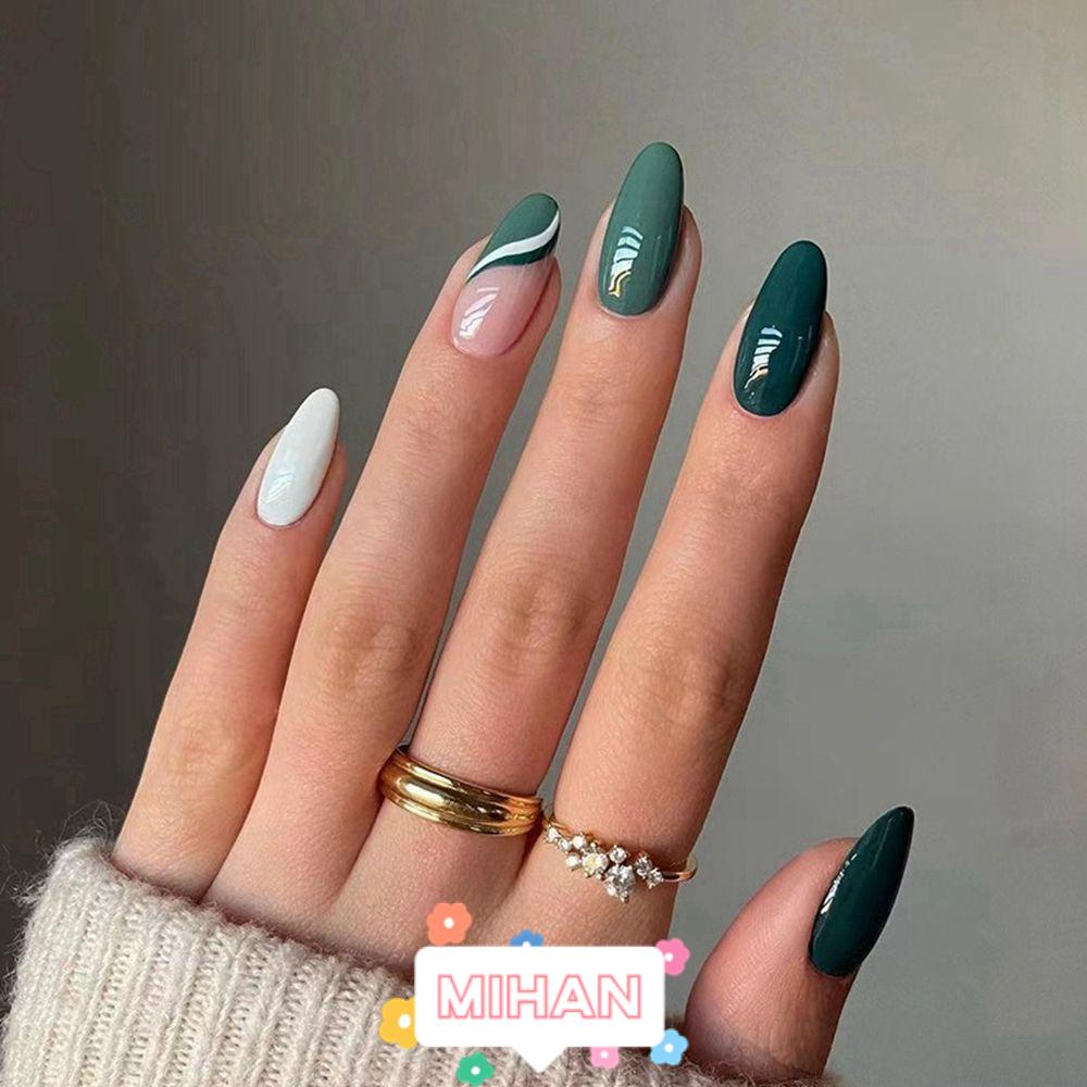 MIHAN1 Hộp 24 Móng Tay Giả Đính Kim Tuyến Lấp Lánh Thời Trang Cho Nữ