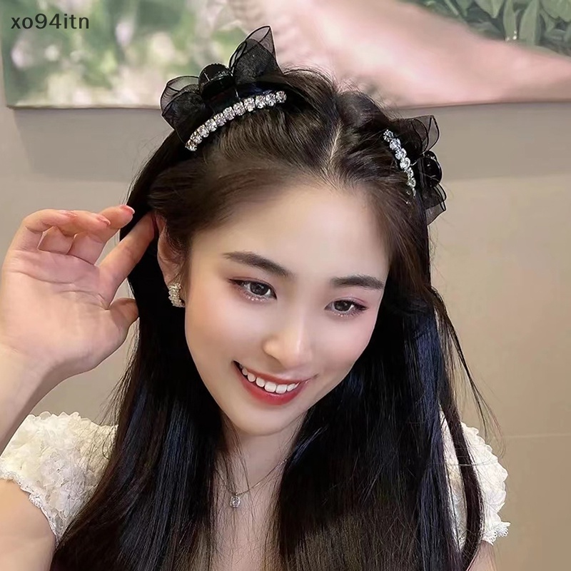 Kẹp Tóc Càng Cua Đính Đá Phối Nơ Tua Rua Màu Đen Phong Cách Retro