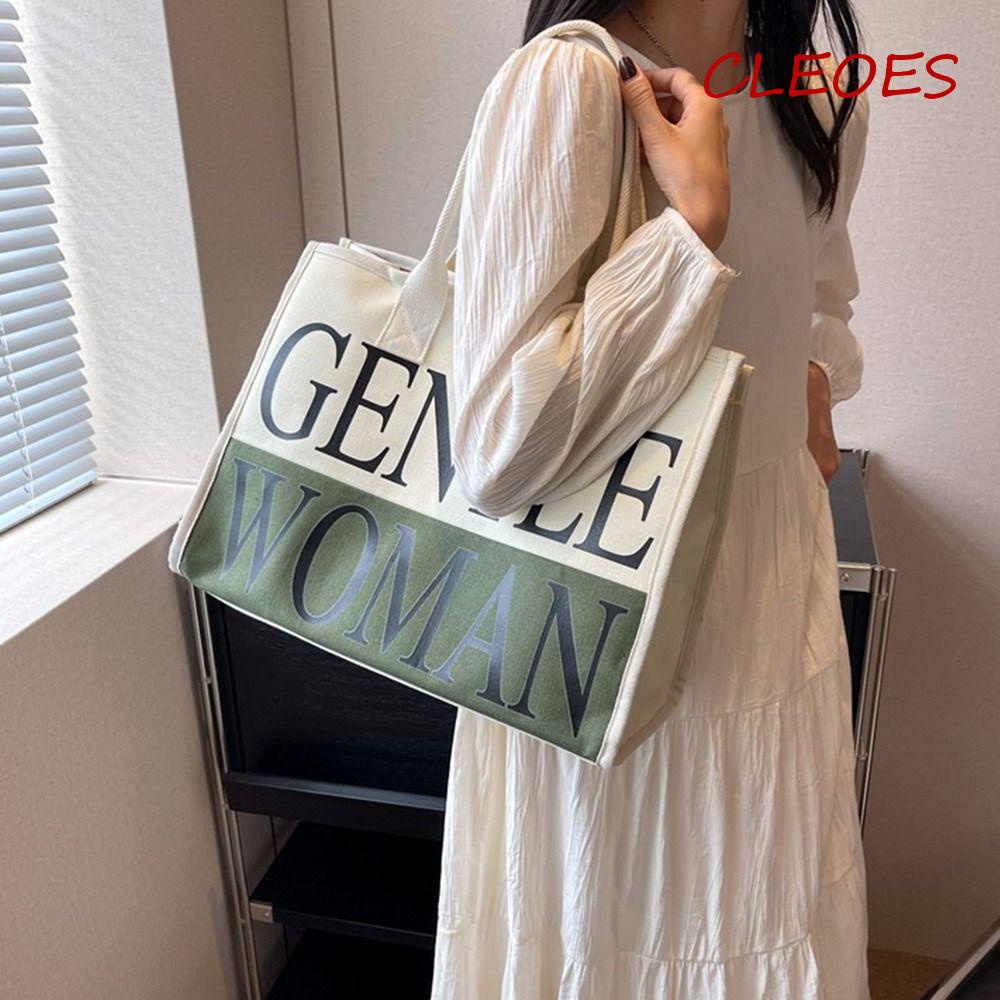 CLEOES Túi Xách Canvas Cỡ Lớn In Chữ Phong Cách Hàn Quốc Thời Trang Cho Nữ