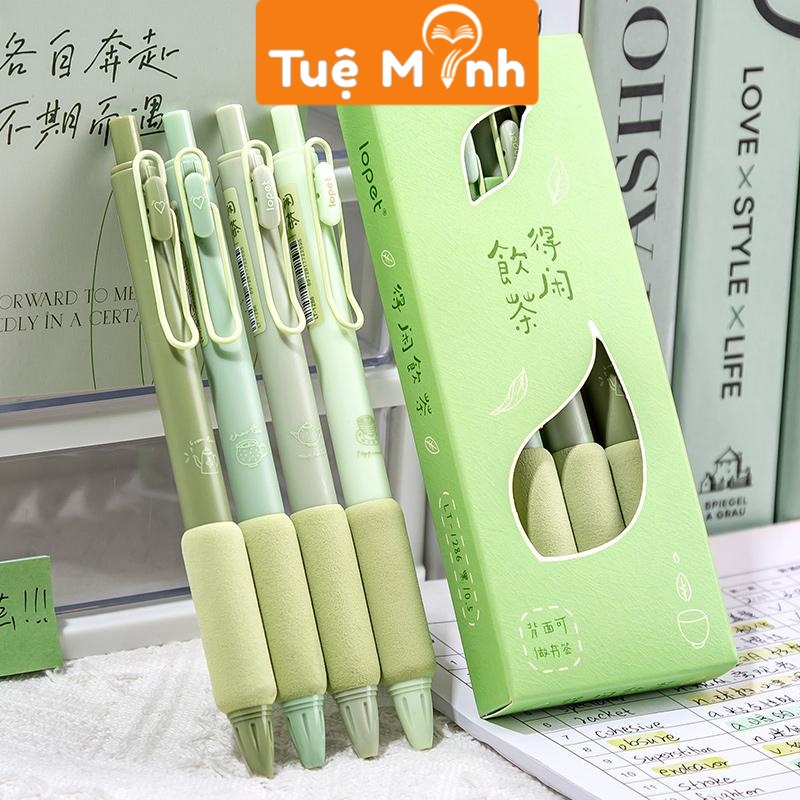 Bút bi Lopet trà xanh Macha bút gel bấm hoạ tiết lá xanh dễ thương B86, viết mực đen ngòi 0.5mm