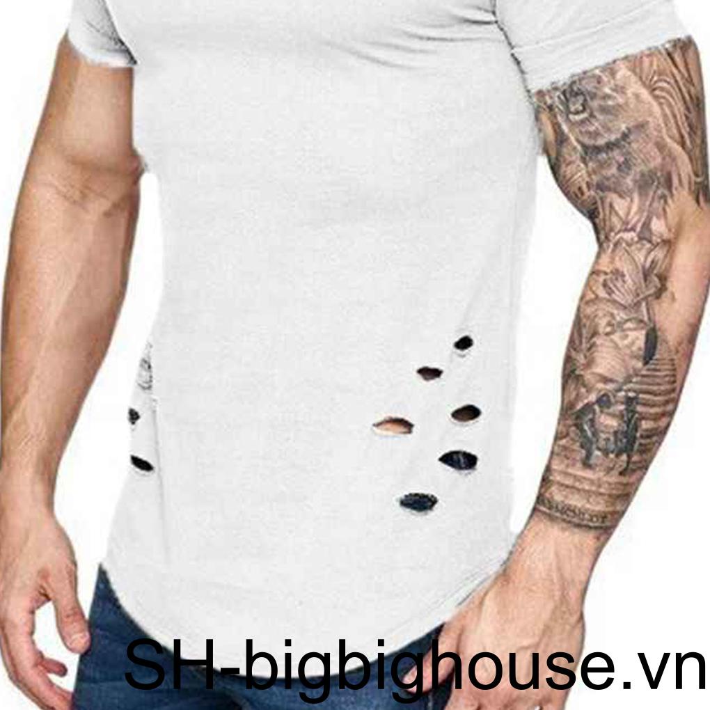 Áo Thun Tay Ngắn Cổ Tròn Dáng Rộng Rách Lỗ Màu Sắc Đơn Giản Thời Trang Cho Nam