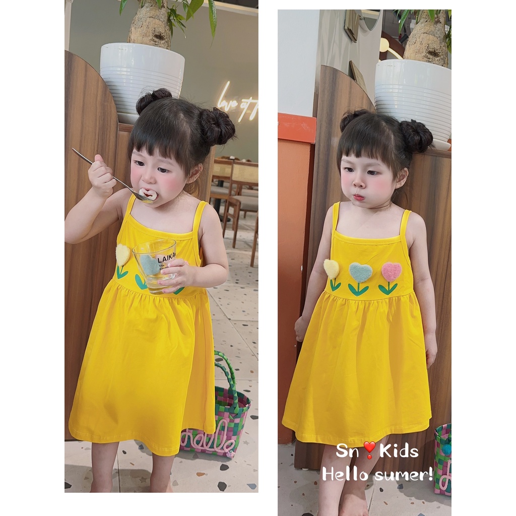 Váy cotton 2 dây đính tim nổi cực xinh cho bé gái - VCSN