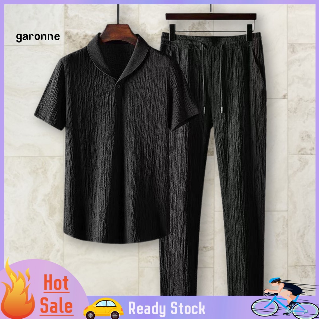 Bộ Trang Phục 2 Mảnh Gồm Áo Sơ Mi Tay Ngắn Cổ Bẻ + Quần Lưng Thun Dây Rút Thời Trang Cho Nam