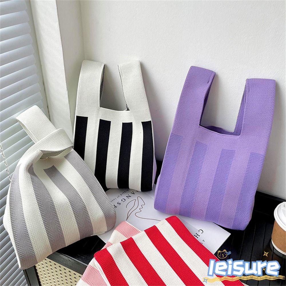 LEISURE Túi Xách Đan Len Thủ Công Mini Kẻ Sọc Thắt Nút Có Thể Tái Sử Dụng Cho Nữ