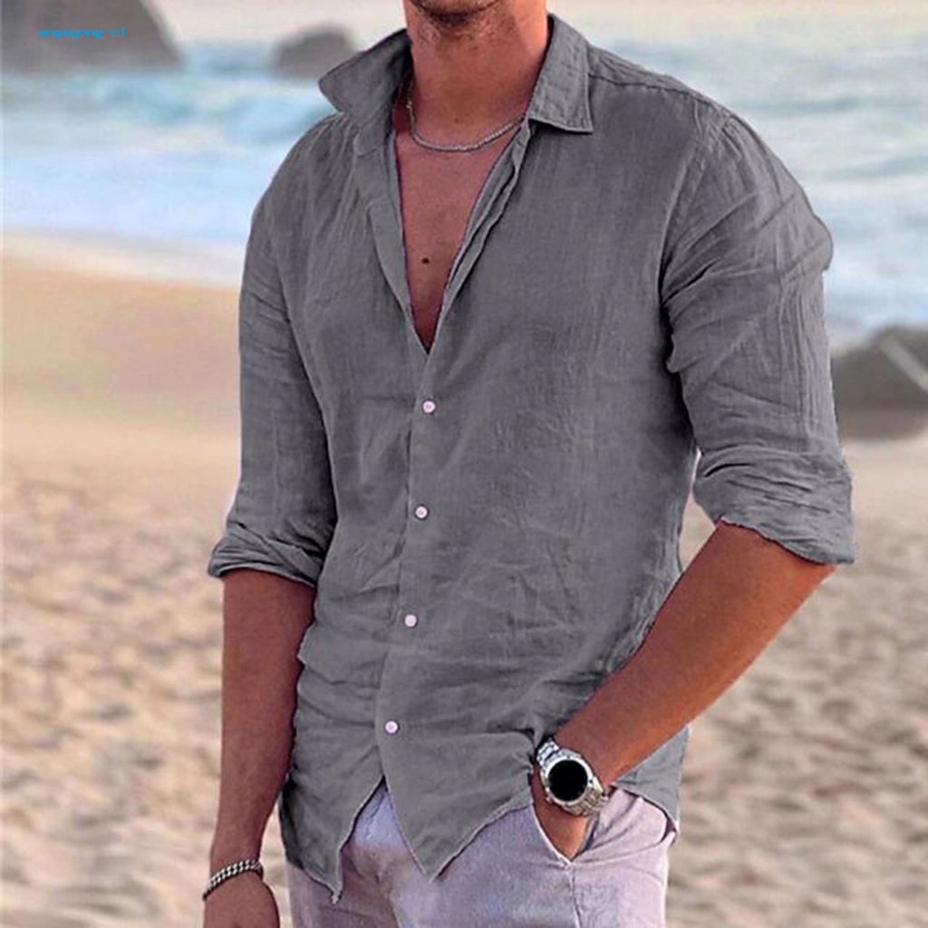 Angeyong Áo Sơ Mi Tay Dài Cổ Chữ V Màu Trơn Mềm Mại Mỏng Nhẹ Thời Trang Mùa Thu Cho Nam