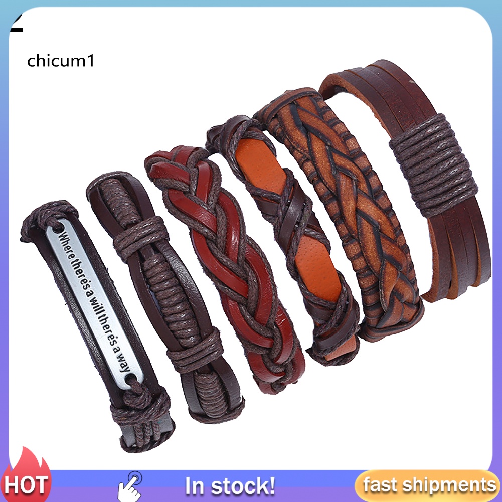 Set 6 Vòng Tay Bện Dây Giả Da Phong Cách Vintage Cho Nam