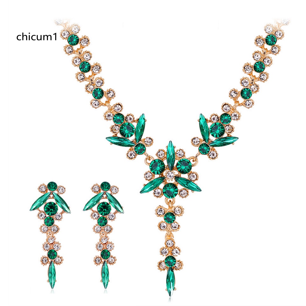 Set 1 Bộ Vòng cổ + Bông Tai Mạ Điện Đính Đá Hình Hoa Có Thể Điều Chỉnh Kích Thước Dành Cho Cô Dâu CC 1