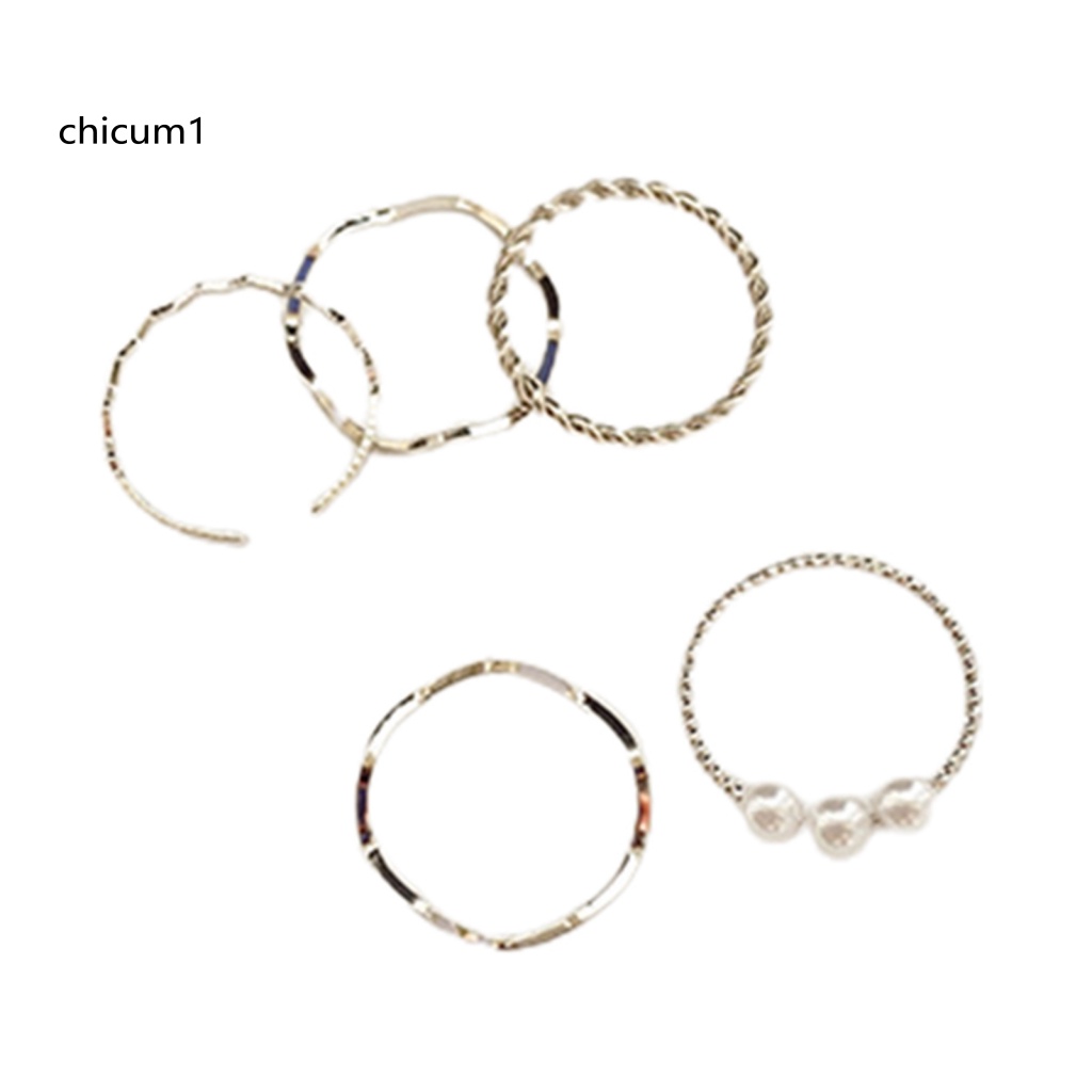 Set 5 Nhẫn Mạ Điện Đính Ngọc Trai Giả Phong Cách Nhật Hàn