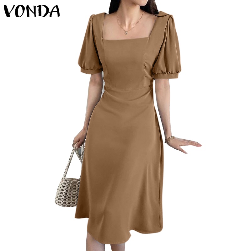Đầm midi VONDA cổ vuông tay ngắn phồng thời trang Hàn Quốc xinh xắn cho nữ