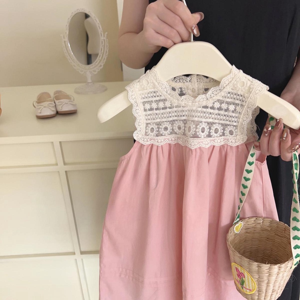 Đầm Công Chúa Mùa Hè Không Tay Thêu Ren Trắng Hồng Phong Cách Hàn Quốc Cho Bé Gái 5 Tuổi