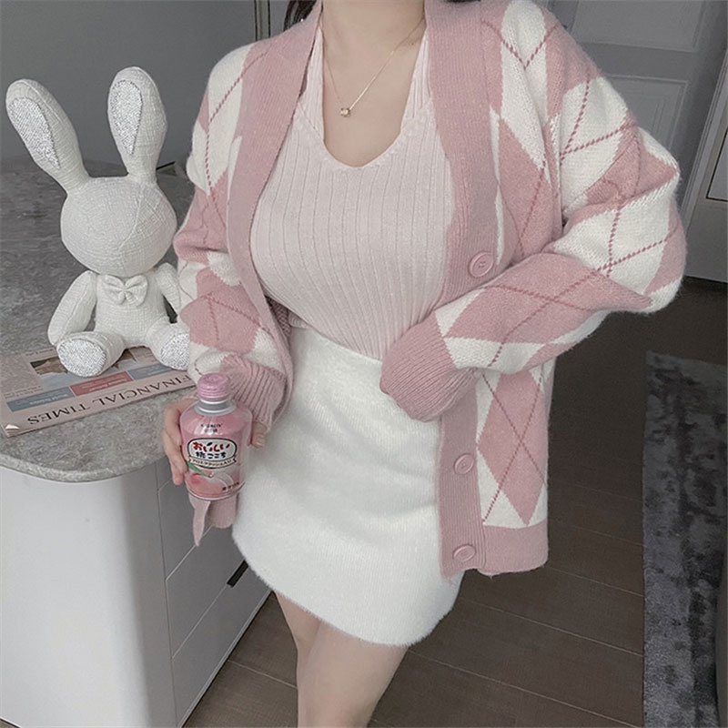 Xiang Nian Ni Áo Khoác cardigan Dáng Rộng Dài Trung Bình Họa Tiết Hình Thoi Dày Dặn Phong Cách retro Nhật Bản Dành Cho Bạn Nữ