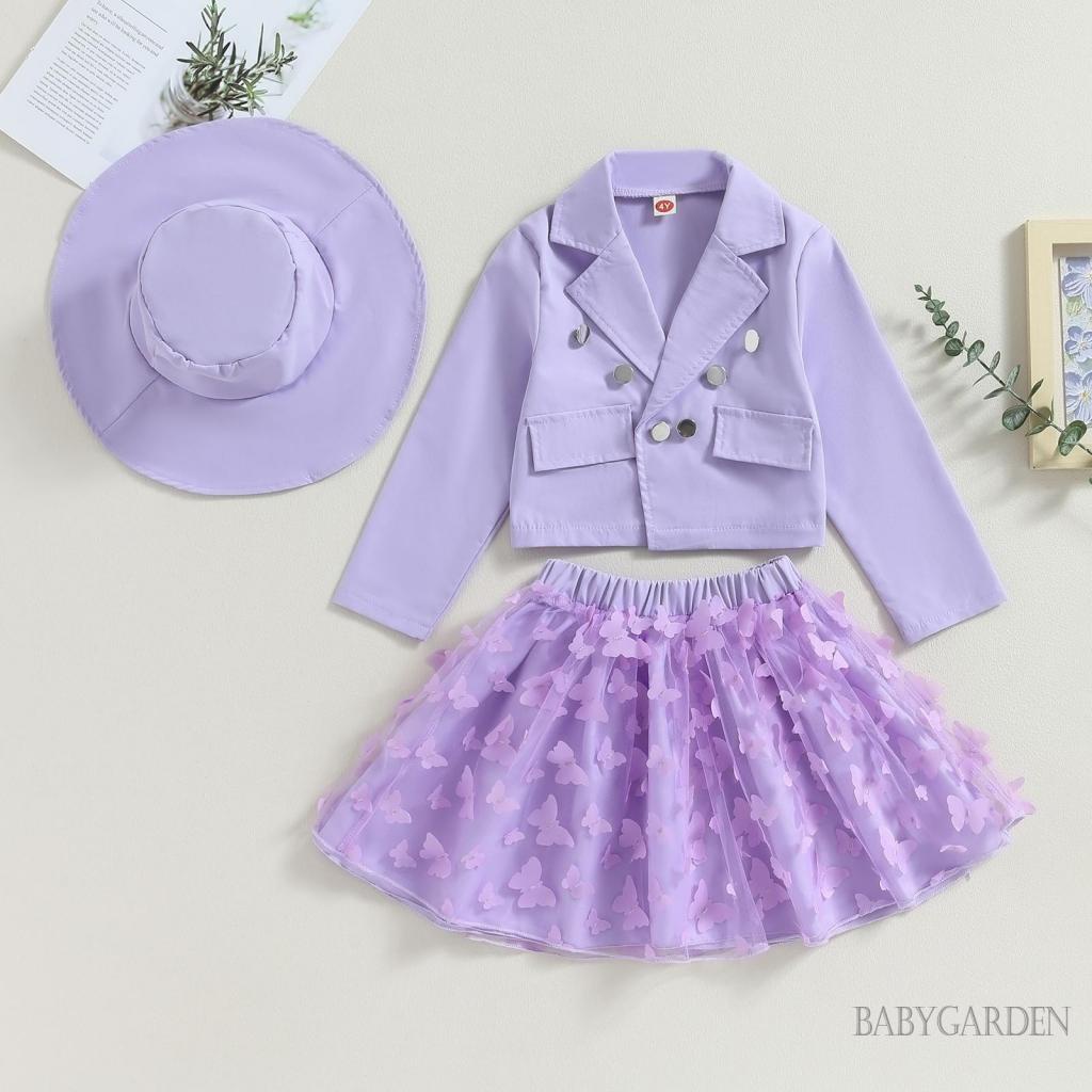 Set Đồ 3 Món Gồm Áo Khoác Tay Dài + Váy + Mũ Hình Bướm + Lưới Tulle Màu Tím Cho Bé Gái 3-7 Tuổi
