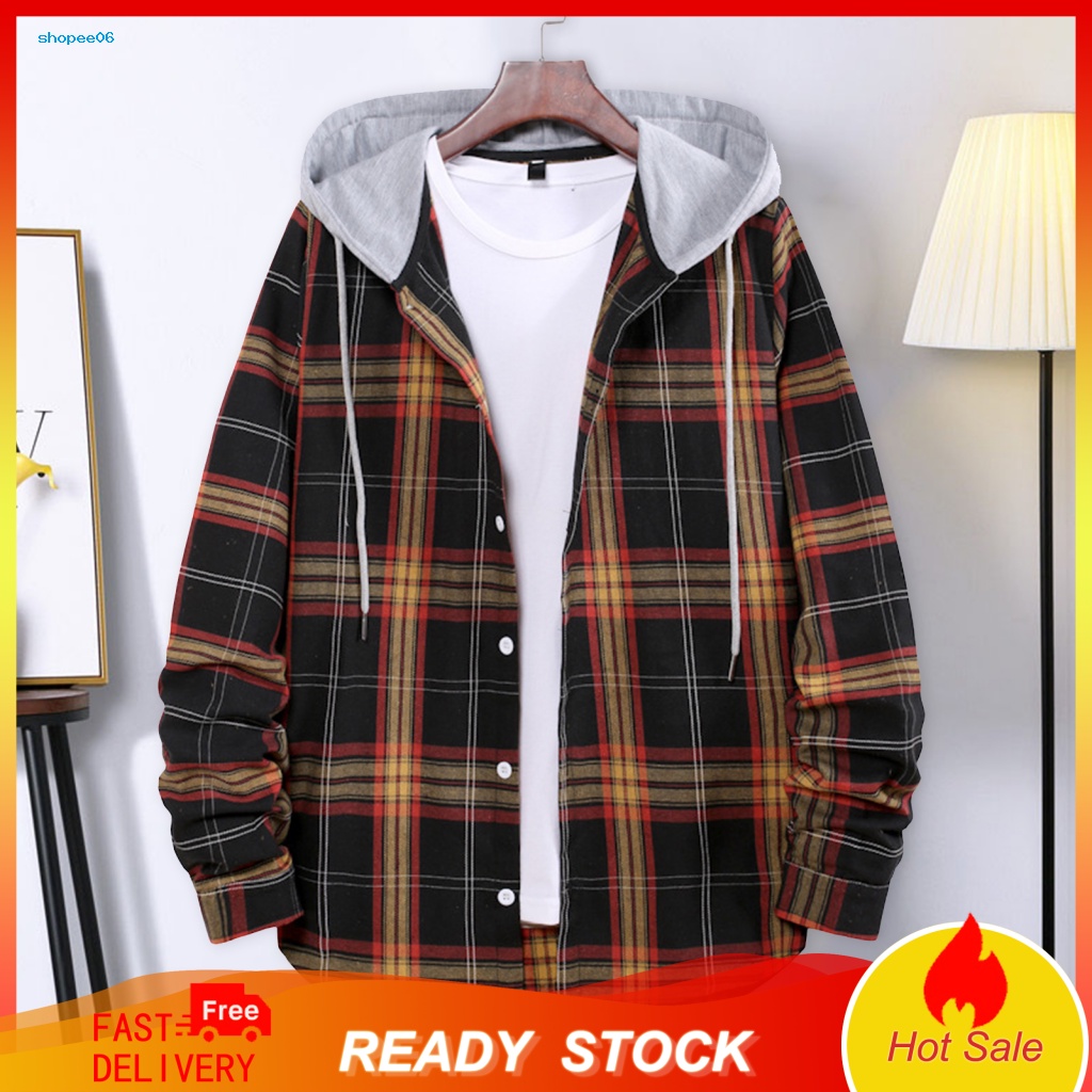 Áo Khoác Sơ Mi Tay Dài Có Nón Phối Dây Rút In Họa Tiết Kẻ Sọc Màu Sắc Thời Trang Xuân Thu Cho Nam