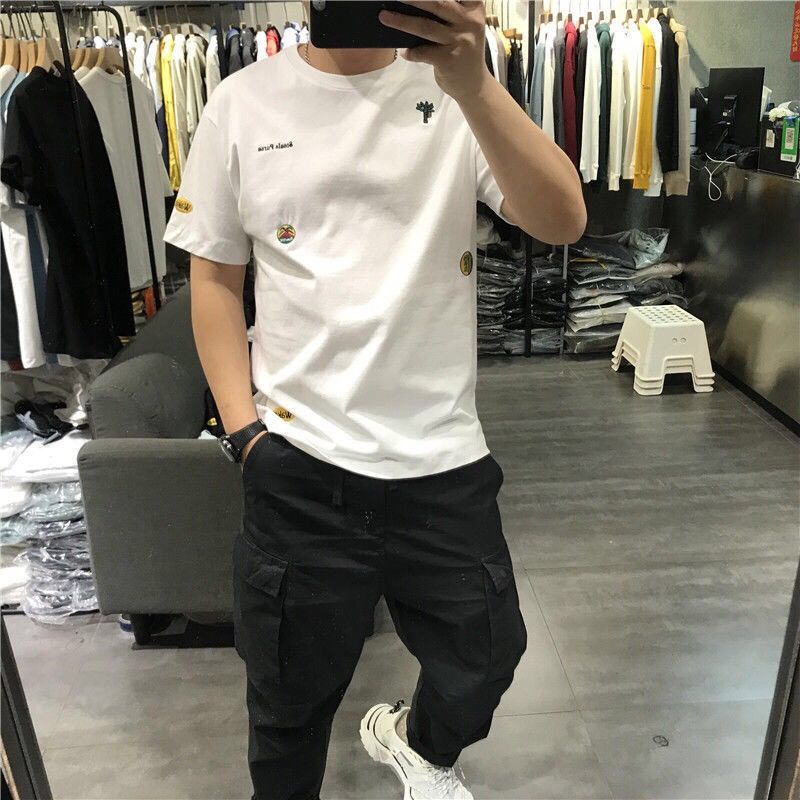 Áo Thun Cổ Tròn Dáng Ôm Thêu Hoạ Tiết Đơn Giản Trẻ Trung Dành Cho Nam Giới