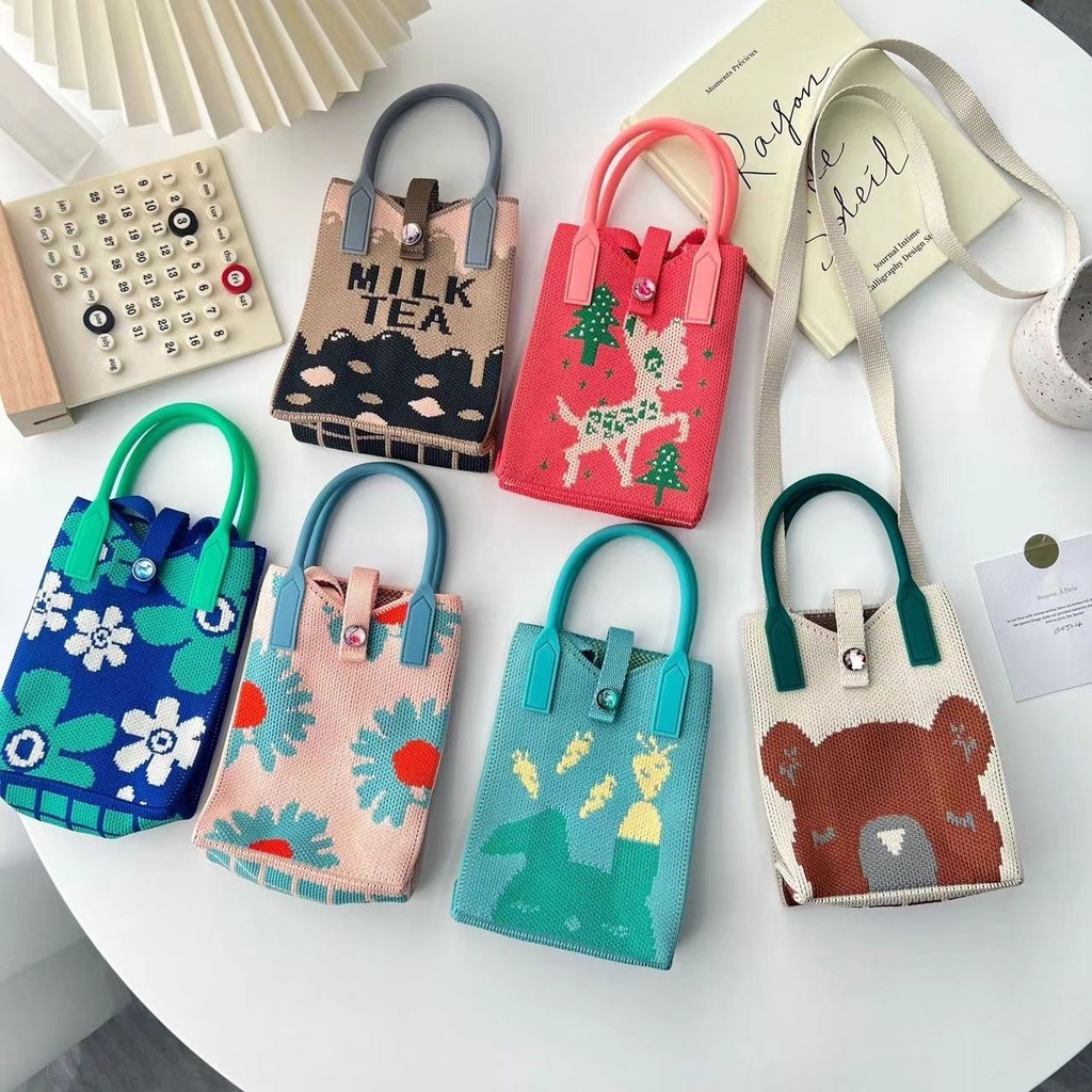 Túi Đeo Chéo Đan Len Đựng Điện Thoại / Chìa Khóa Họa Tiết Hoạt Hình Thời Trang Mới 2023