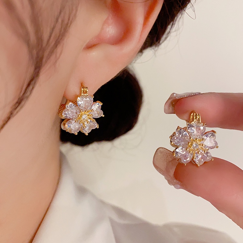 Khuyên Tai Hình Hoa Hai Mặt Đính Đá Zircon Phong Cách Hàn Quốc Ngọt Ngào
