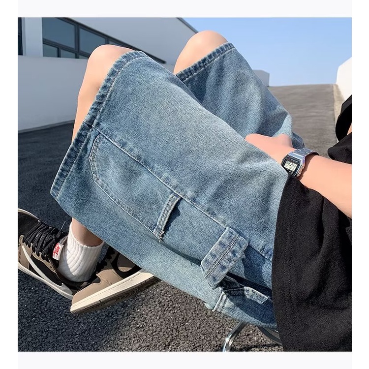 Quần Short Denim Lưng Thun Ống Rộng Phong Cách Đường Phố Mỹ Thời Trang Mùa Hè Cho Nam
