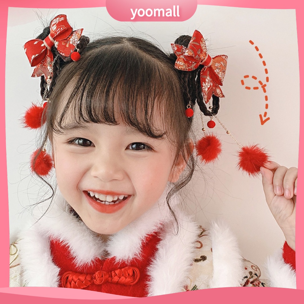 1 Cặp Kẹp Tóc Giả Đính Nơ Tua Rua Phong Cách Trung Hoa Ngọt Ngào Cho Bé Gái